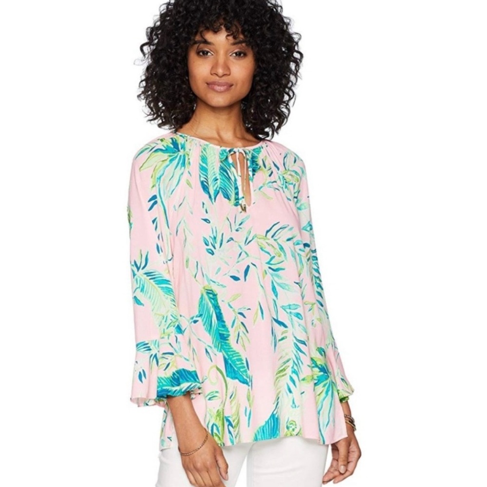 Lilly Pulitzer Willa Flounce Sleeve Coral Reef Tint CHIMPOISERIE Top Size XS